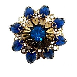 Vintage Gold Tone Blue Rhinestone Flower Brooch Pin Filigree Costume Jewelry Pin